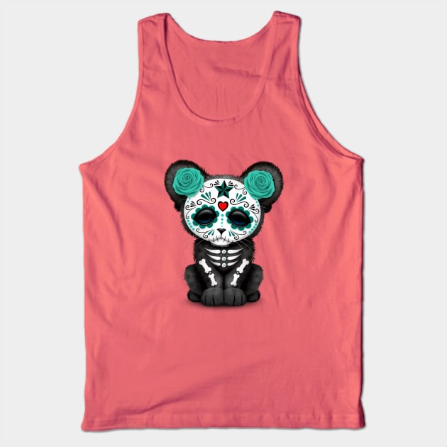 Teal Blue Day of the Dead Sugar Skull Panther Cub Tank Top by jeffbartels